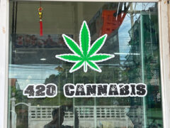 420 Cannabis กัญชา dispensary in Chai Nat, Thailand. Shopfront with cannabis leaf graphic.