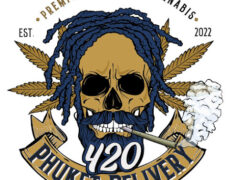 Logo for 420 Phuket Delivery dispensary in Pa Tong, Phuket, Thailand, featuring a skull with dreadlocks and mustache, smoking cannabis.