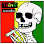 Cartoon skull with text on a green and red background.