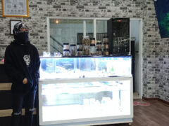 AAA Cannabis Shop Pattaya interior. Weed flower display case, cannabis shop in Jomtien, Thailand.