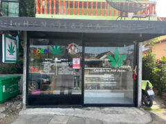 Canabis by POP Farm dispensary exterior in Thalang, Phuket. Cannabis shop with Sativa/Indica info on window.