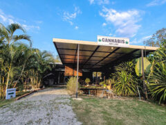 Cannabis Shop & Bar Thiskan entrance, Kaeng Krachan, Phetchaburi, Thailand. Weed shop with sign: 