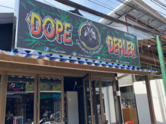 Dope Dealer cannabis coffeeshop sign in Ko Chang, Trat, Thailand. Weed and smoking accessories available.