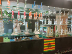 Friend Club dispensary on Walking Street, Pattaya City, displaying smoking accessories, including a variety of bongs.