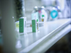 CBD oil products at Ganchiva Chokchai 420 Farm, cannabis dispensary in Lat Phrao, Bangkok.