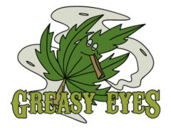 Greasy Eyes Shop logo: Cartoon cannabis leaf smoking. Weed dispensary in Thung Khru, Bangkok, Thailand.