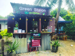 GreenStation cannabis shop exterior in บ้านหมอ, Saraburi, Thailand. Cannabis flower pricing visible.