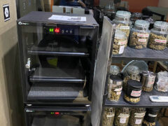Inside Happy Cannabis Shop Thailand in Bang Sue, Bangkok, showing cannabis flower jars and storage unit.