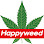 Green cannabis leaf with "Happyweed" text on a red banner.