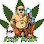 Cartoon of a nude Buddha-like figure wearing sunglasses, a gold chain, holding a bong, on a cannabis leaf.