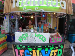 Jamaica Jello Bar cannabis shop at Hadrin Beach, Koh Phangan, Thailand. Flowers and edibles are offered at the weed dispensary.