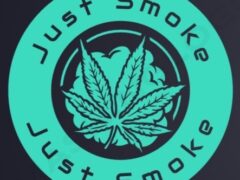 Just Smoke logo: cannabis leaf in circle, dispensary in Choeng Thale, Phuket, Thailand. Weed shop graphic.