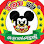 Mickey Mouse cartoon character in a red and yellow circular frame with text.