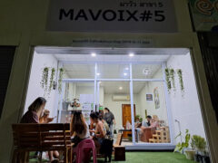 Mavoix#5 cannabis cafe in Mueang Lampang, Thailand. Interior view with customers. Weed shop, smoking accessories.