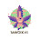 Purple flower-like design with text.