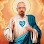 Person in a white shirt with a blue heart and halo, draped in blue.