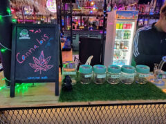 NewlineBuds Cannabis Shop & Bar in Hua Hin, Thailand, featuring cannabis flower strains including Thai Stick, Pink Runtz, and LA Kush.