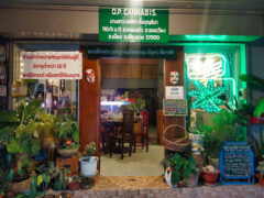 O.p Cannabis weed shop entrance, Chiang Rai, Thailand. Cannabis flower strains, smoking accessories visible. Indoor seating.