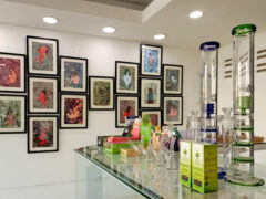 Interior of Octagrams Cannabis Dispensary Shop CNX in Chang Phueak, Chiang Mai, with artwork, bongs and cannabis accessories.