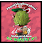 Green apple with leaf and ribbon against a pink background.