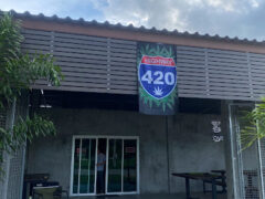 Exterior of Overlab Cannabis & Coffee Shop in Phra Nakhon Si Ayutthaya, with Highway 420 banner.