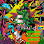Abstract graffiti art with green, blue, yellow, and orange paint splatters.