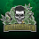 Skull graphic with laurel wreath and green background.