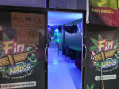 Entrance to ฟินแคนนาบิส cannabis shop in Nakhon Ratchasima, Thailand. Signage indicates 