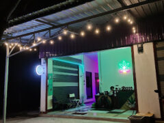 Exterior of อัมสเตอร์ดัม มทส. cannabis shop near Suranaree University of Technology, Nakhon Ratchasima. Neon sign and string lights.