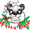 Cartoon badger with clenched teeth and smoking pipe, surrounded by a wreath.