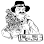 Cartoon of a man with a mustache wearing a hat and carrying flowers, holding a suitcase.