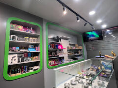 Interior of Weed Castle cannabis shop in Bang Kho Laem, Bangkok, Thailand. Showing cannabis flower jars and accessories.