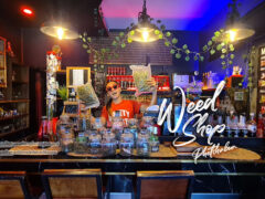 Interior of ร้านขายกัญชาเพชรบูรณ์ Weed Shop Phetchabun, Phetchabun, Thailand, showing cannabis flower and smoking accessories.