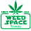 Green neon sign with a cannabis leaf above the words "WEED SPACE" in a rectangular frame, with the words "MJ" below.