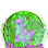 Purple cartoon dinosaur-like creature with a green head, body covered in a patterned coat, within a green and white circle.