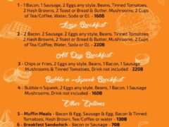 Horn Pub menu in Pattaya, Thailand, showing breakfast options, including bacon, eggs, and Bubble n Squeek.