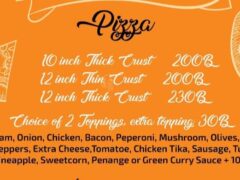 Pizza menu at Horn Pub in Pattaya, Thailand, with toppings like chicken and bacon.