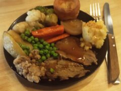 Plate of UK takeaway-style meal from Horn Pub, Pattaya, Thailand.