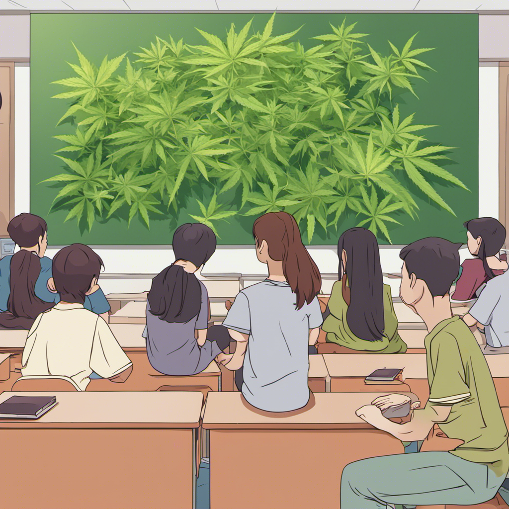 Students in a classroom looking at a chalkboard covered with cannabis leaves.