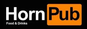 Horn Pub logo with white text on black background; "Pub" in orange rectangle; "Food & Drinks" below.