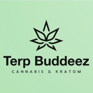 Black cannabis leaf logo above the text "Terp Buddeez" with "Cannabis & Kratom" below on a light green background.