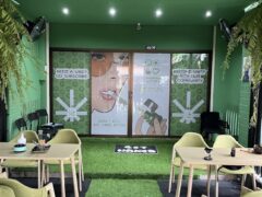 Interior of Cannabis Factory in Rawai, Phuket, Thailand; cannabis cafe with smoking accessories and canna food.