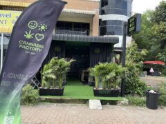 Cannabis Factory weed shop exterior, Rawai, Phuket, Thailand. Cannabis dispensary with chill zone and smoking accessories.
