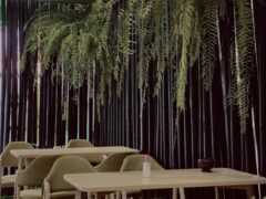 Interior of Cannabis Factory cafe in Rawai, Phuket, Thailand. Tables and chairs.