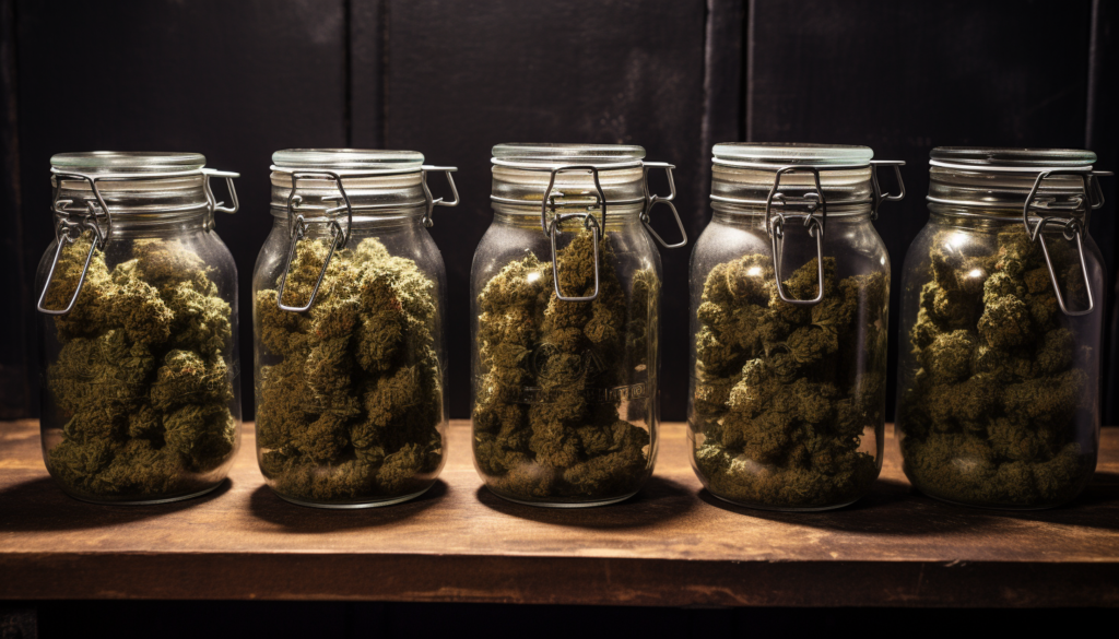Five glass jars filled with green buds, sealed with metal clasps, sit on a wooden surface against a black background.