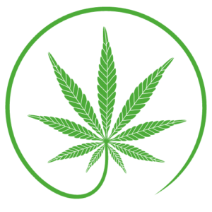 Green cannabis leaf icon inside a green circle, on a black background.