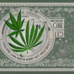 Two green cannabis leaves in a circle, surrounded by ornate text and botanical designs, on a green background.