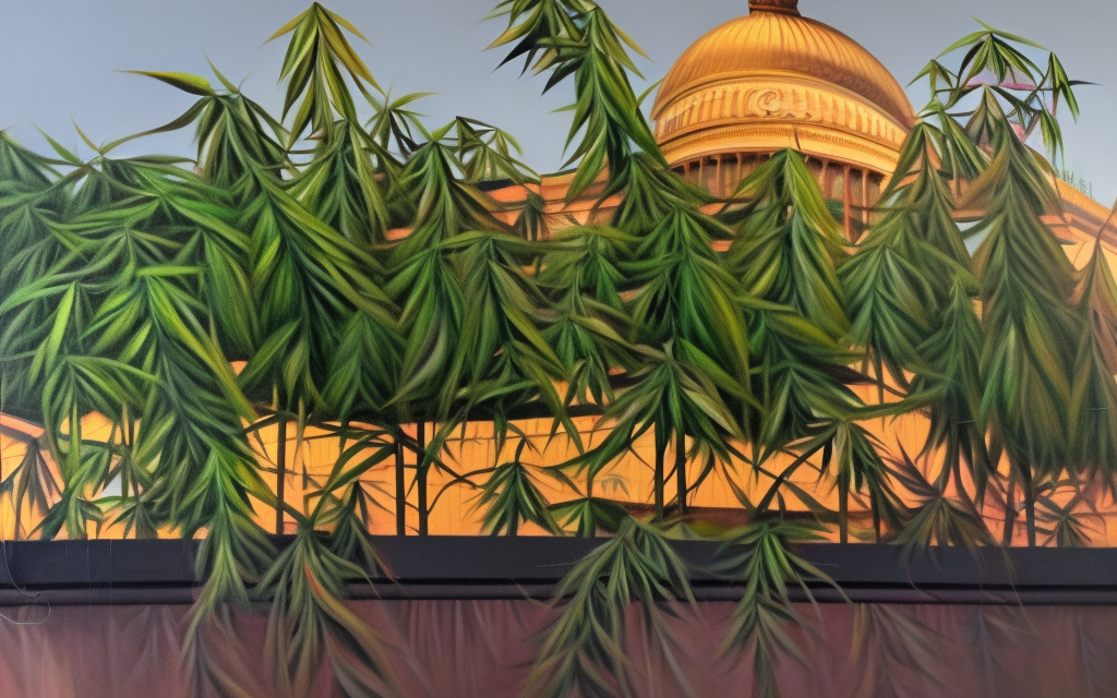 Green cannabis plants in front of a building with a golden dome.