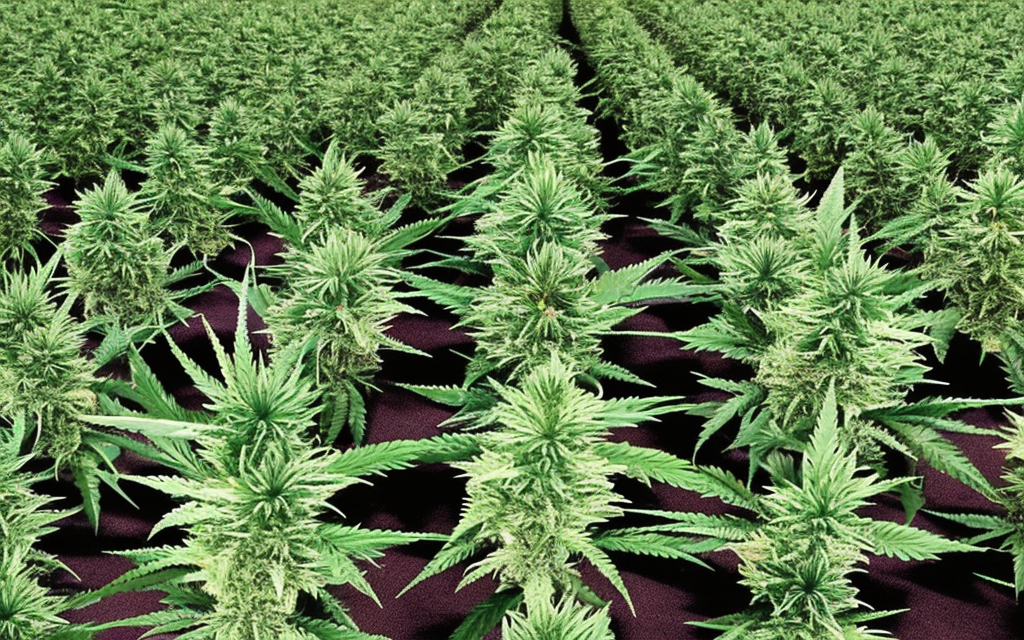 Rows of cannabis plants in a field, with green leaves and dense buds visible, against a dark brown background.