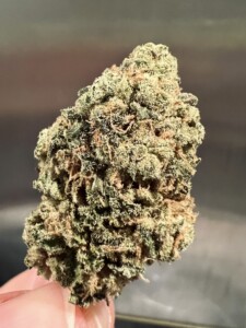 Green cannabis bud with light brown and orange hairs, held by a finger, on a blurred background.